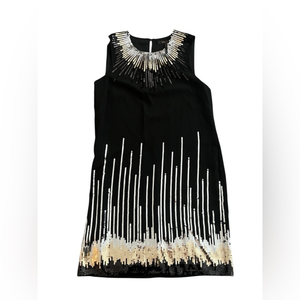 BCBG Max Azria Black Chiffon Gold/Silver Sequin Keyhole Back Dress Medium